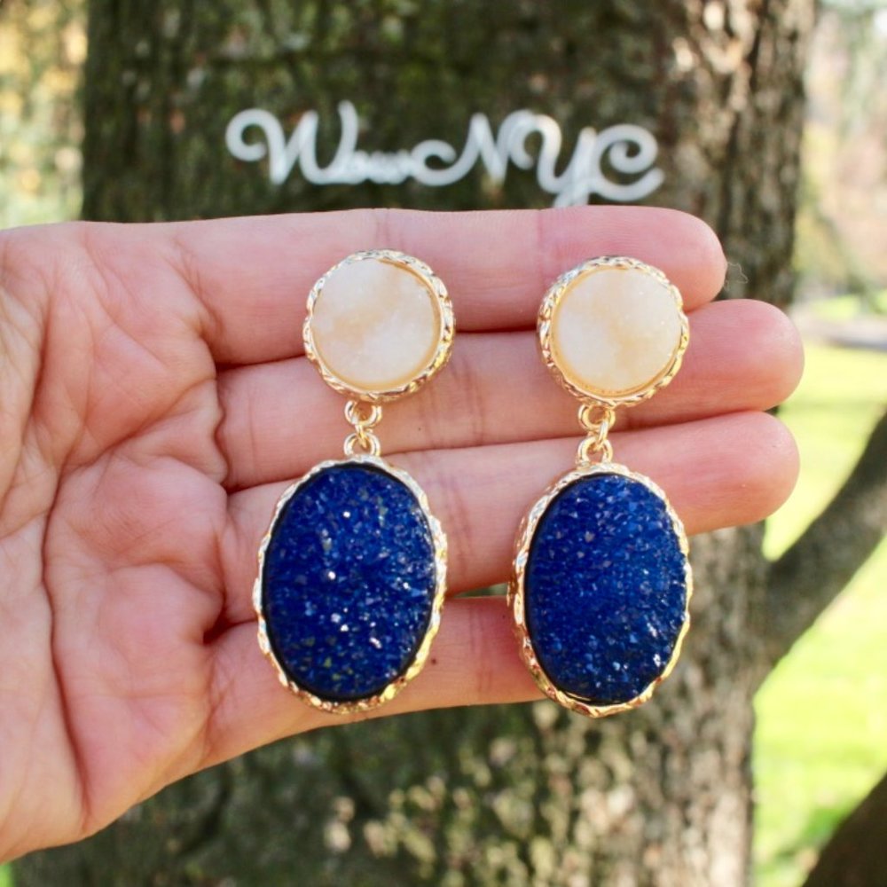 Anthropologie Druzy Blue Teardrop Dangle Earrings - Picture 1 of 10